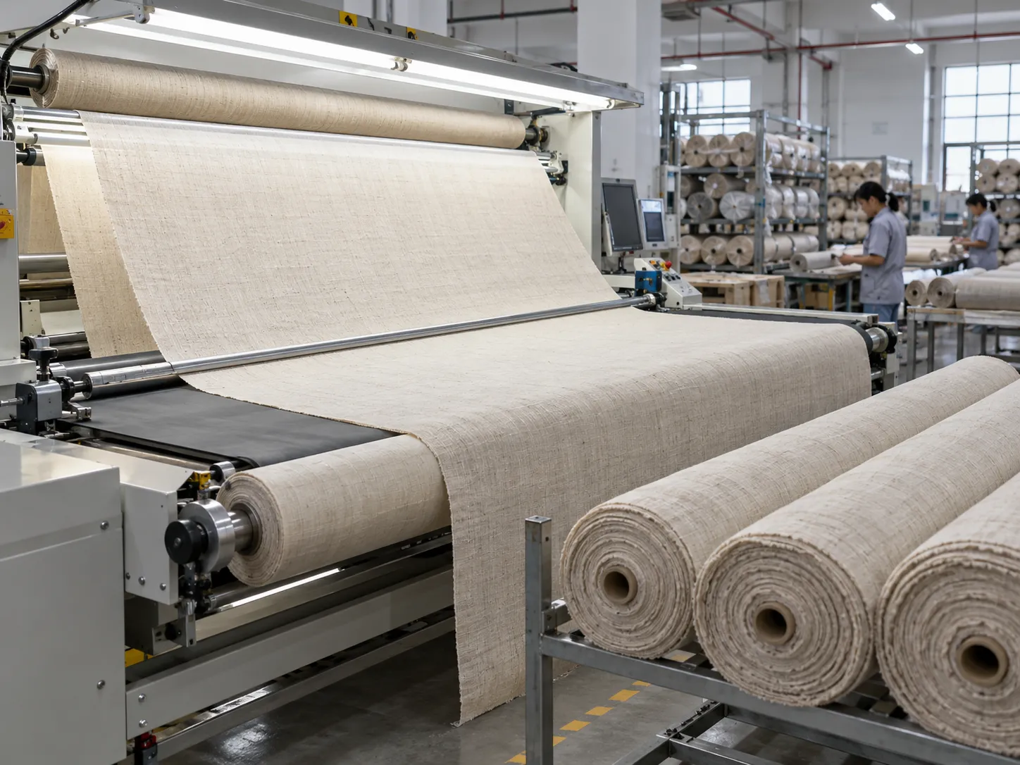 Linen Fabric Rolls On The Inspection Machine Before Packing Linen Fabric Rolls On The Inspection Machine Before Packing